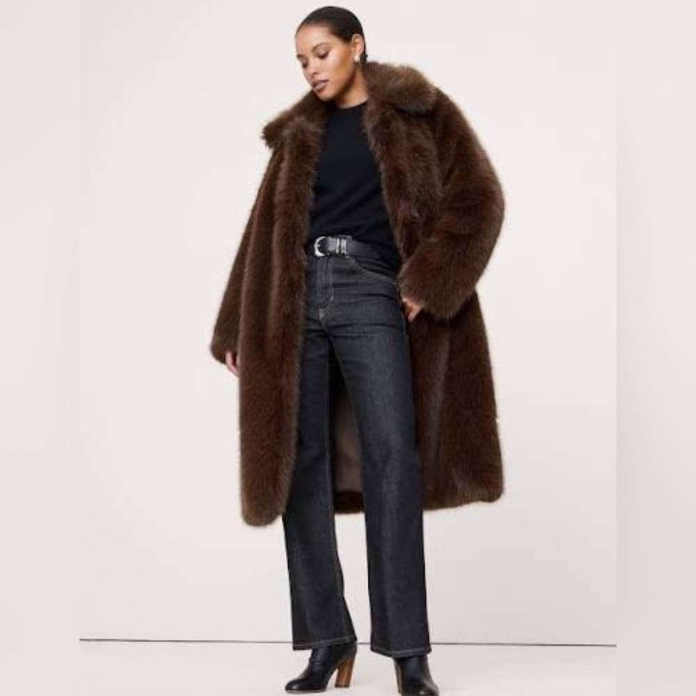New $350 Banana Republic Faux Fur Long Brown Coat Jacket Small NWT - Picture 4 of 8
